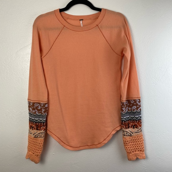 Free People Sweaters - Free People In The Mix Thermal Top Waffle Knit Crochet Sleeve Long Sweater Med